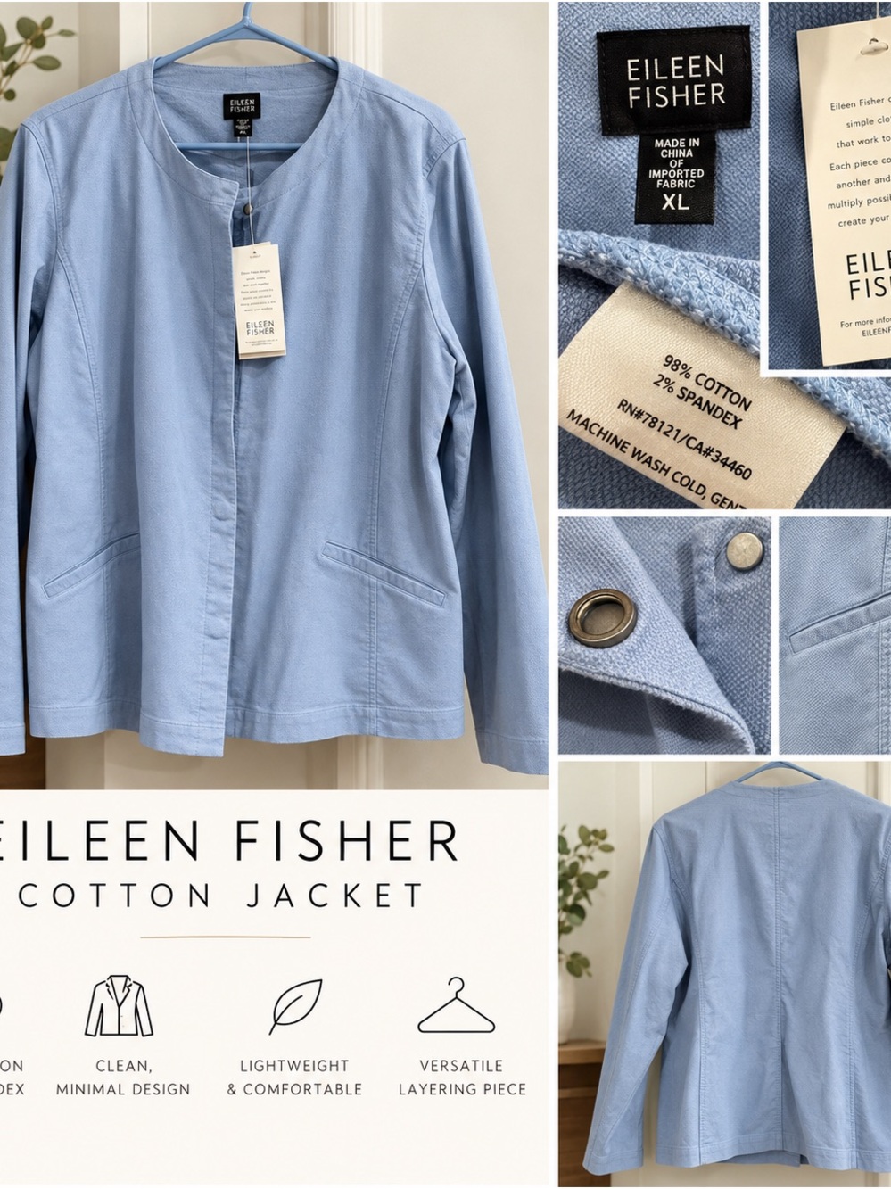 Eileen Fisher Powder Blue Cotton-Cotton Blend Jacket